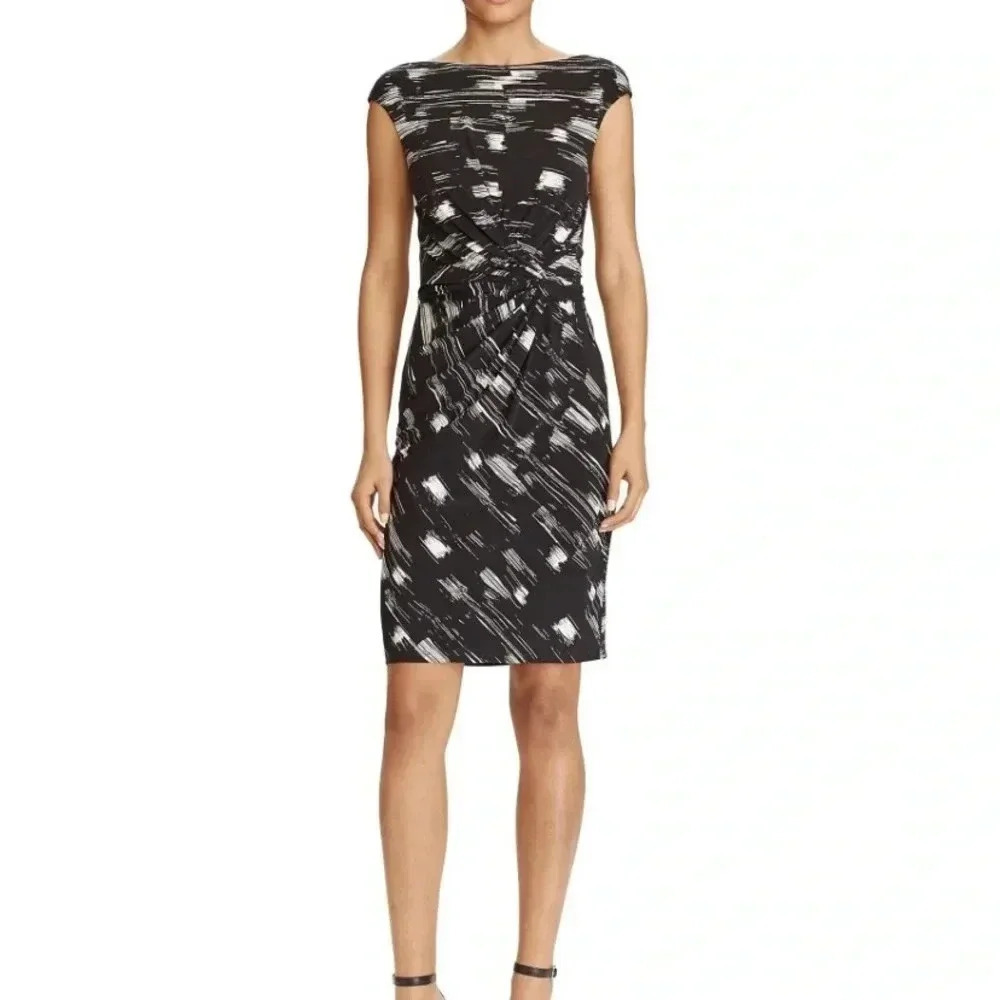 Lauren Ralph Lauren Scuba Knit Faux Wrap Dress 10 Black White Ruched Poly Money
